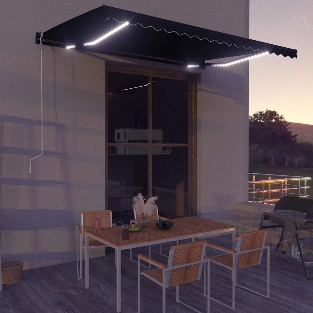 Tenda da Sole Retrattile Manuale con LED 450x300 cm Antracite vidaXL