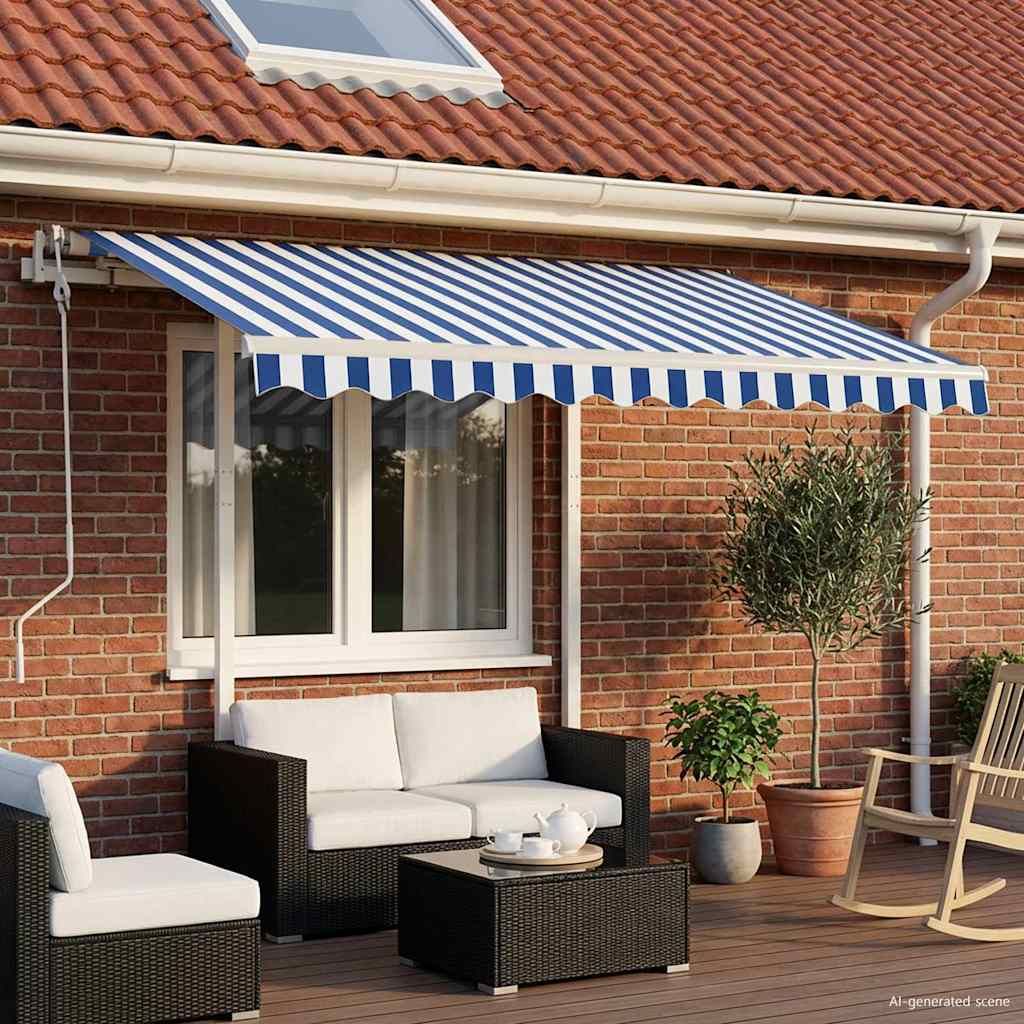 Tenda da Sole Retrattile Manuale con Pali 3x2,5 m Blu e Bianca vidaXL