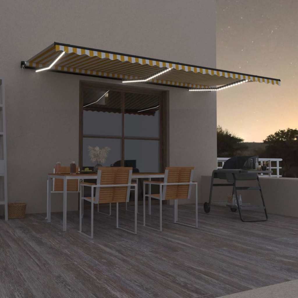 Tenda da Sole Retrattile Manuale LED 600x350 cm Giallo Bianco vidaXL