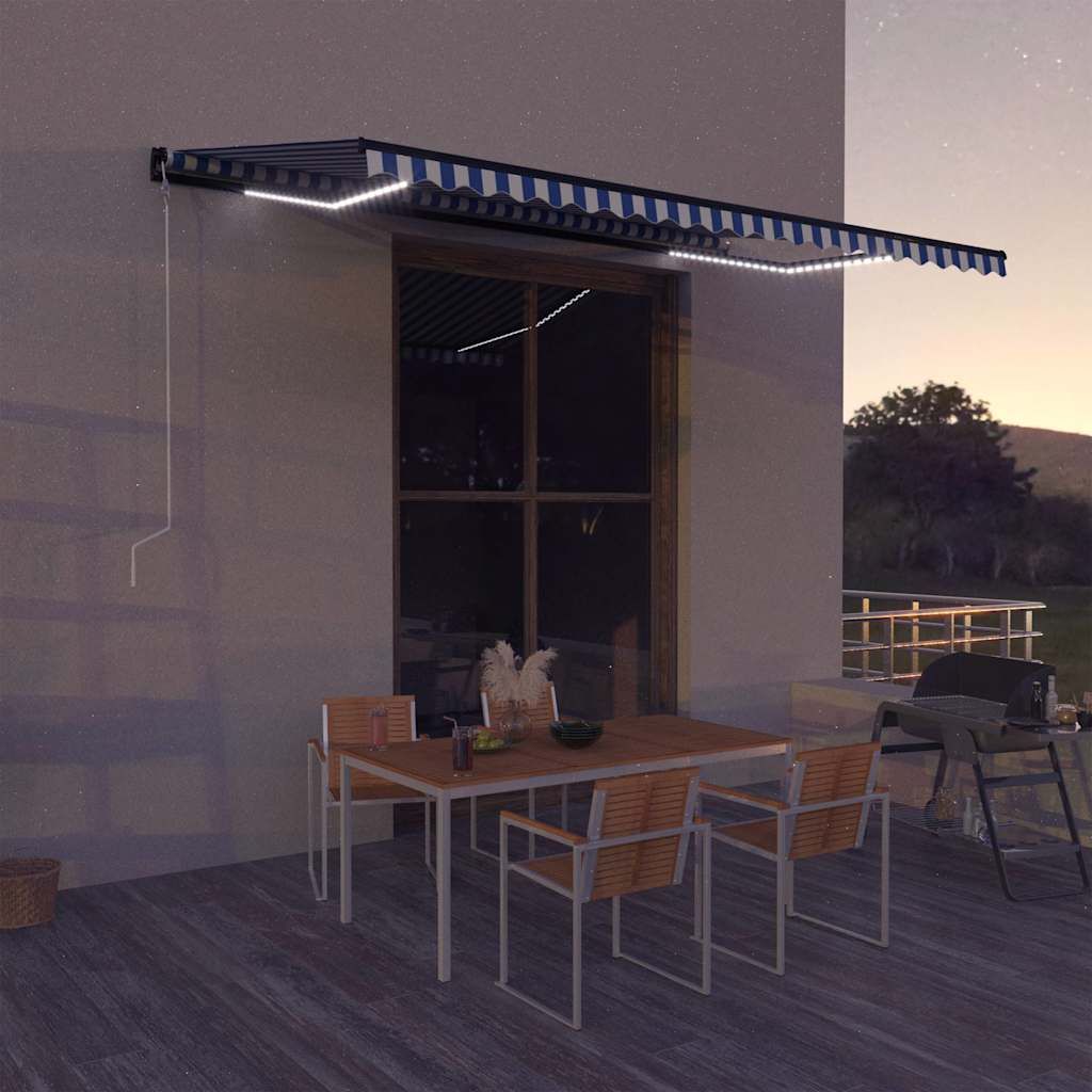 Tenda con Sensore Vento e LED 500x300 cm Blu e Bianca vidaXL