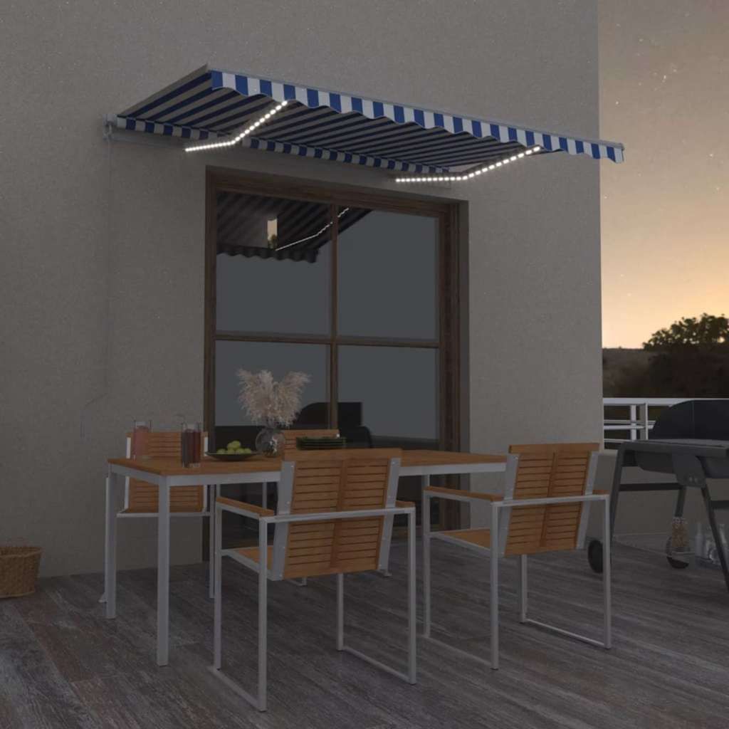 Tenda da Sole Retrattile Manuale con LED 350x250cm Blu e Bianca vidaXL