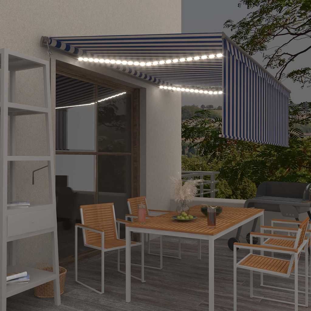 Tenda Automatica Parasole LED Sensore Vento 4,5x3 m Blu Bianco vidaXL