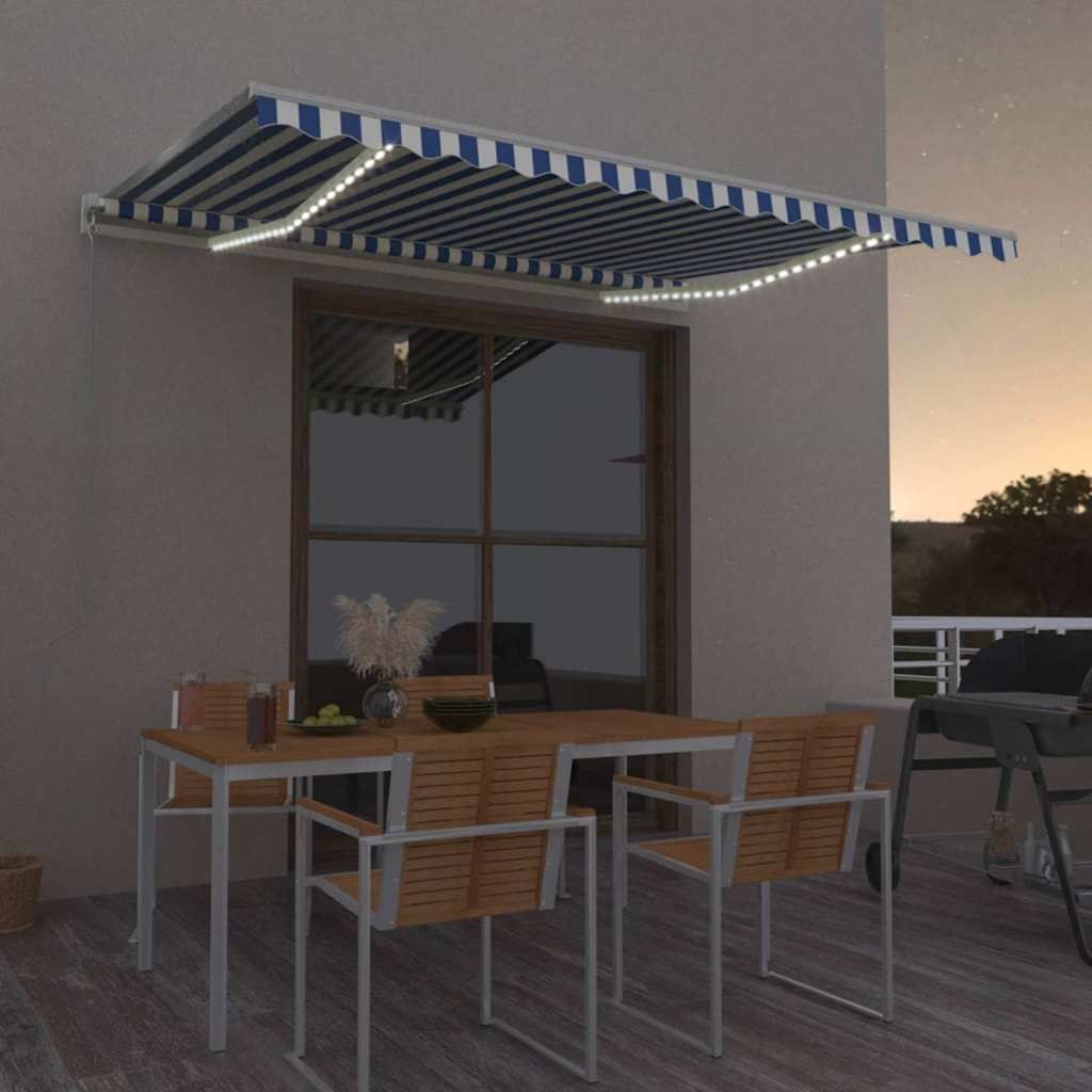 Tenda Automatica con Sensore Vento e LED 450x300 cm Blu Bianca vidaXL