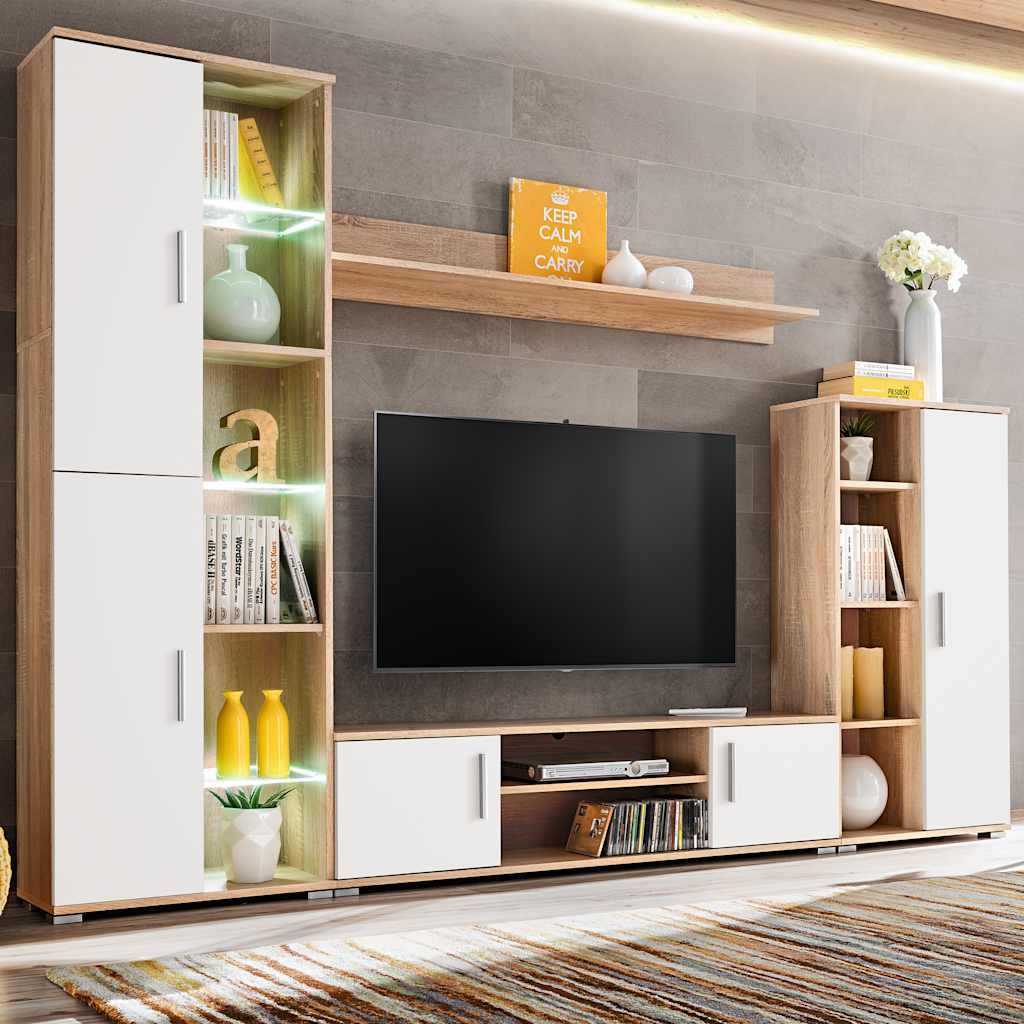 Parete Attrezzata Porta TV con Luci LED Rovere Sonoma e Bianco vidaXL