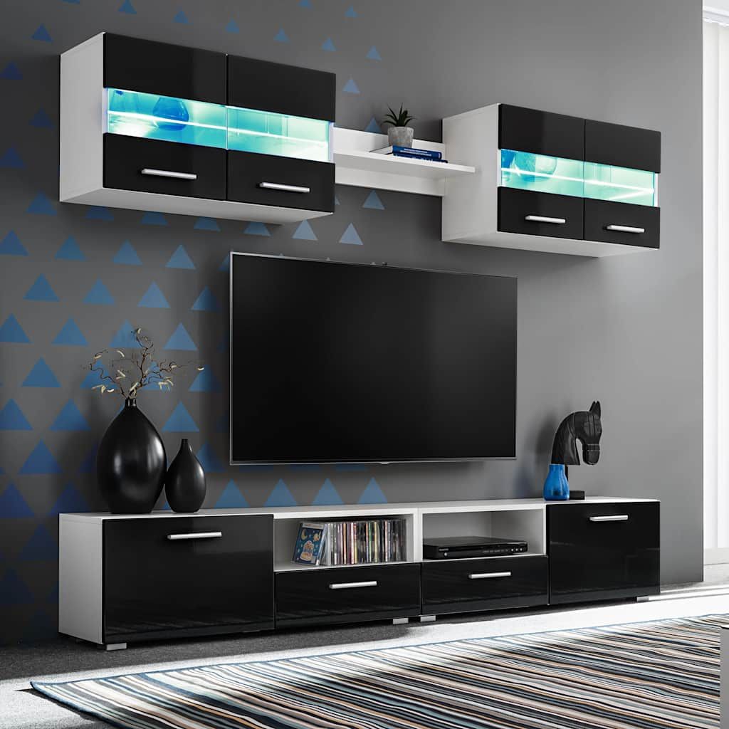 Set Parete Attrezzata Porta TV con Luci LED 5 pz Nero Lucido vidaXL
