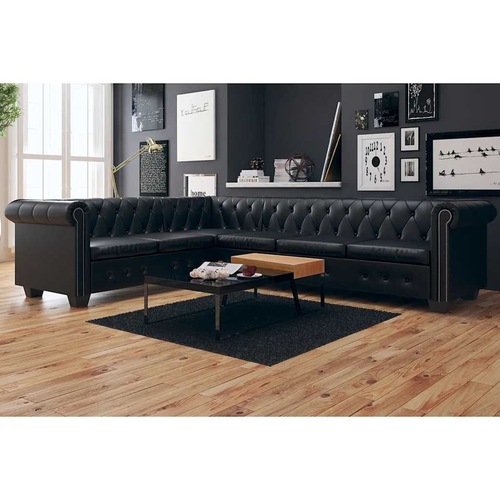 Divano Angolare Chesterfield a 6 Posti Pelle Artificiale Nera vidaXL