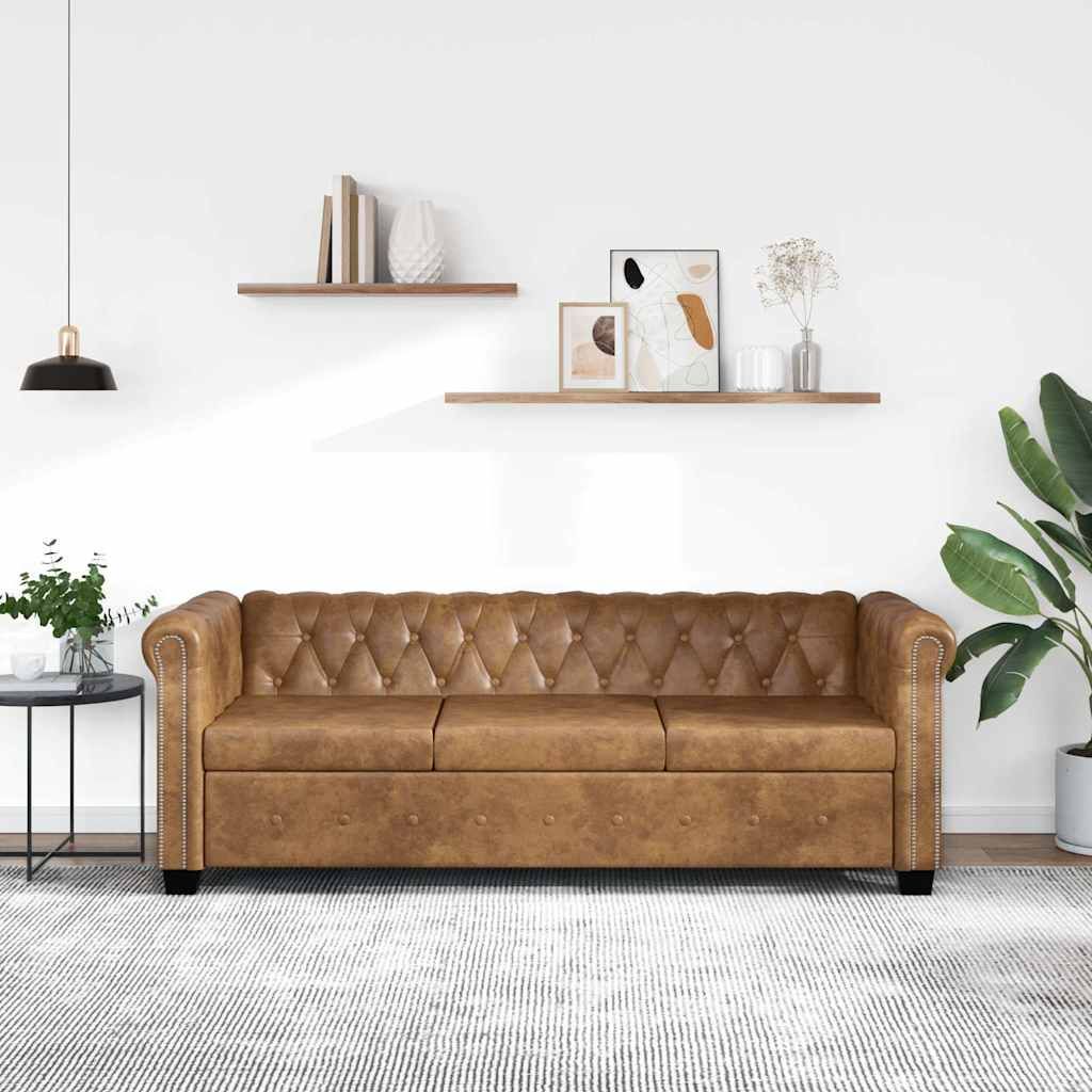 Divano Chesterfield a 3 Posti in Finta Pelle Marrone vidaXL
