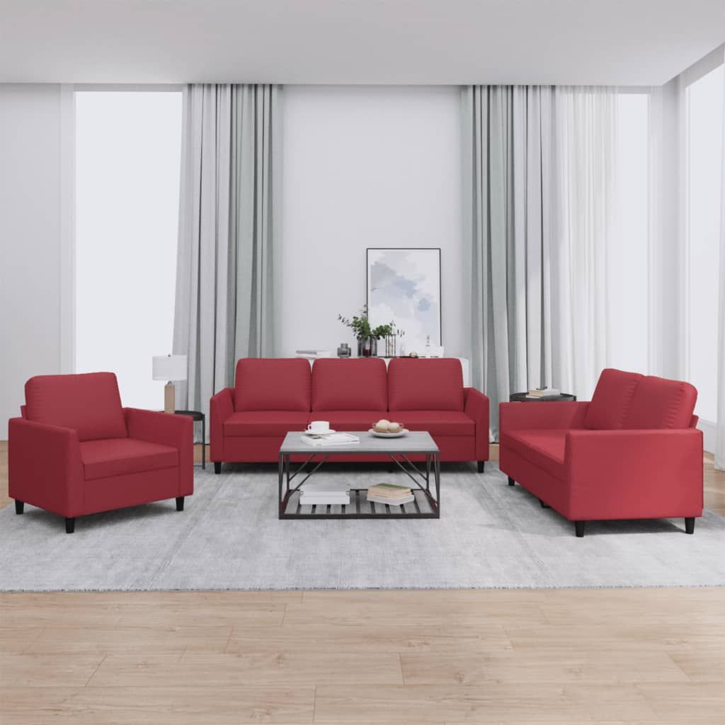 Set di Divani 3 pz con Cuscini Rosso Vino in Similpelle vidaXL