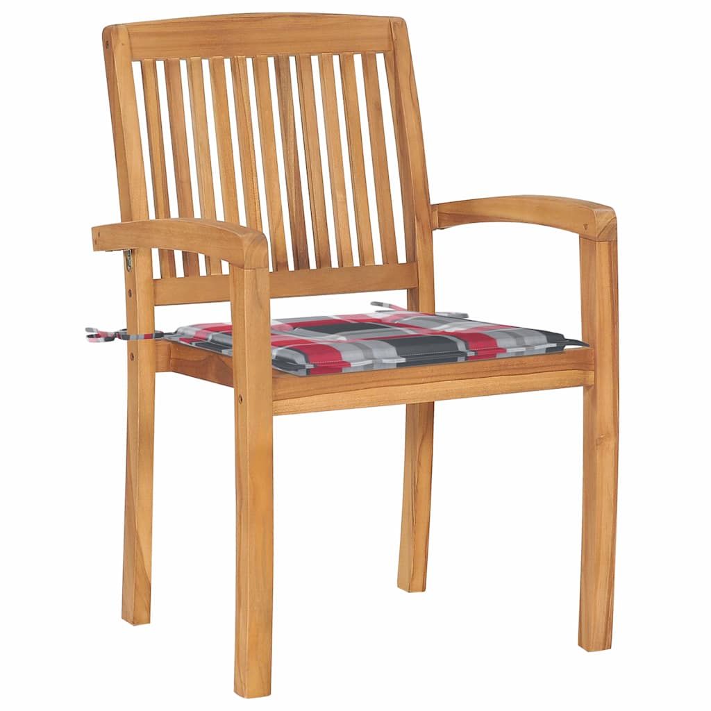 Sedie Giardino 2 pz con Cuscino Rosso a Quadri Massello di Teak vidaXL