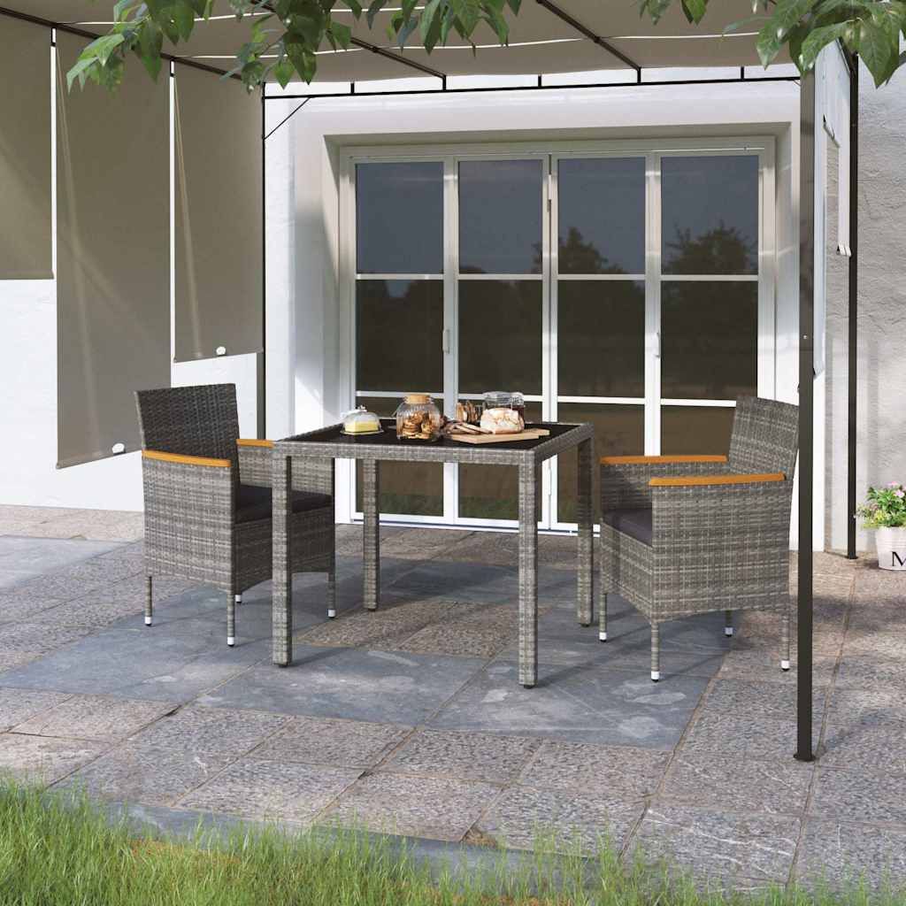 Set Pranzo da Giardino 3 pz Polyrattan e Vetro Temperato Grigio vidaXL