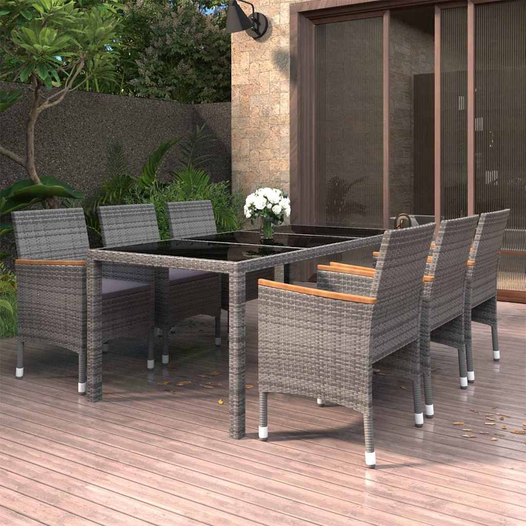 Set da Pranzo Giardino 7 pz Polyrattan e Vetro Temperato Grigio vidaXL