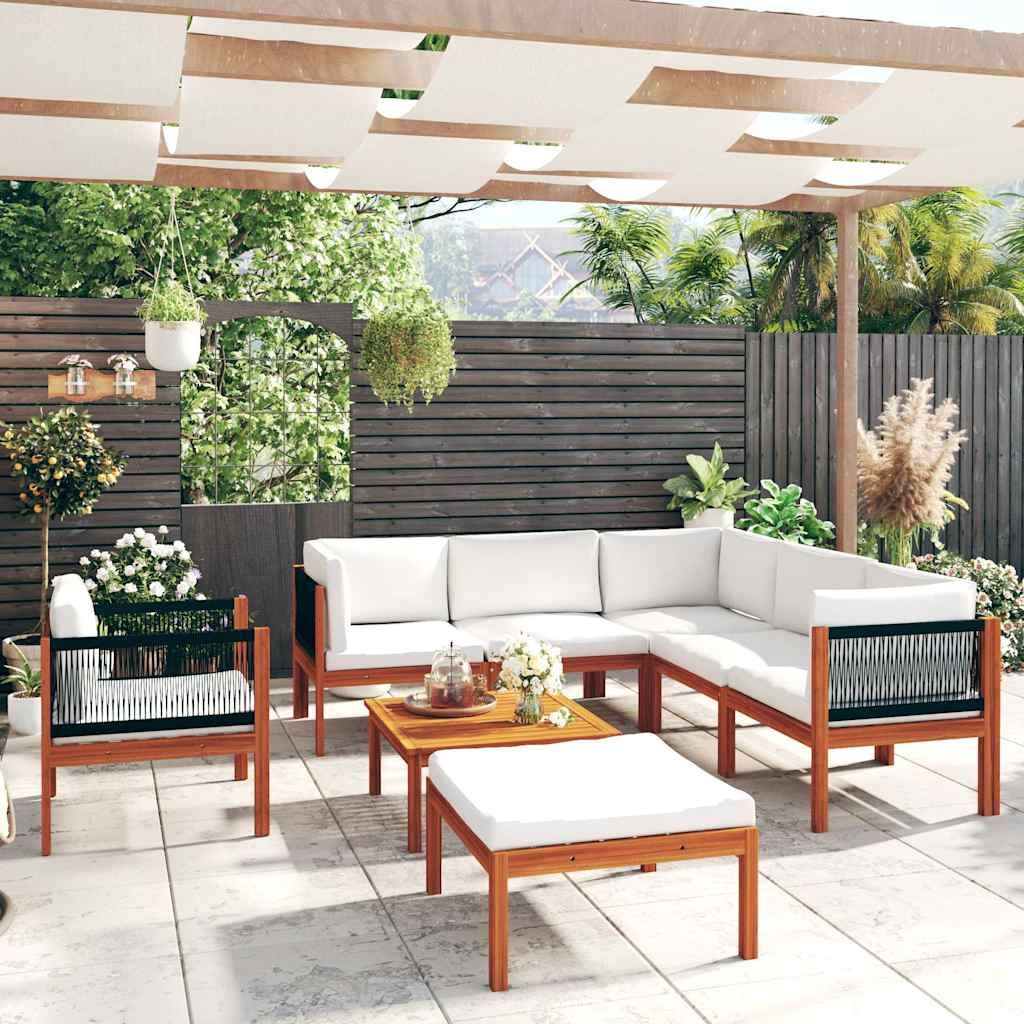 Set da giardino 8 pezzi con cuscini in legno crema, acacia e corda vidaXL