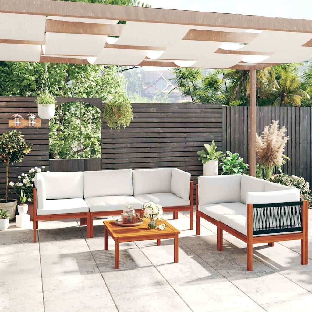 Set da giardino 6 pezzi con cuscini in legno crema, acacia e corda vidaXL