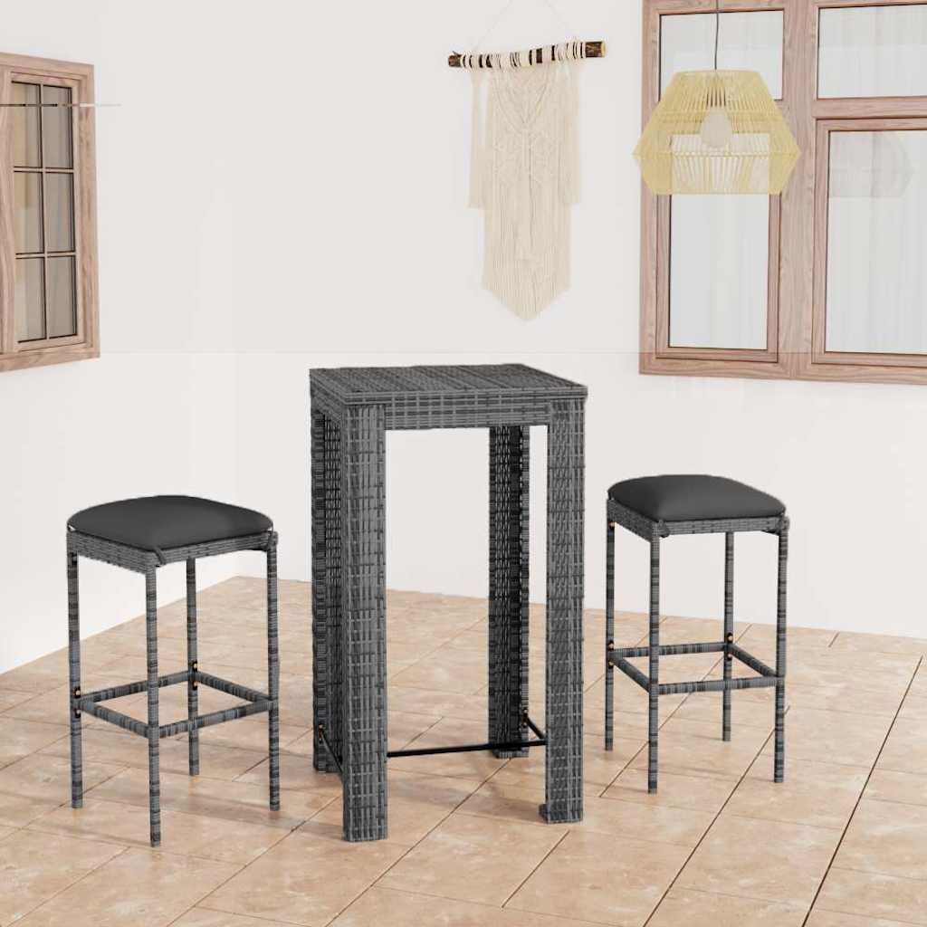 Set Bar da Giardino 3 pz con Cuscini in Polyrattan Grigio vidaXL