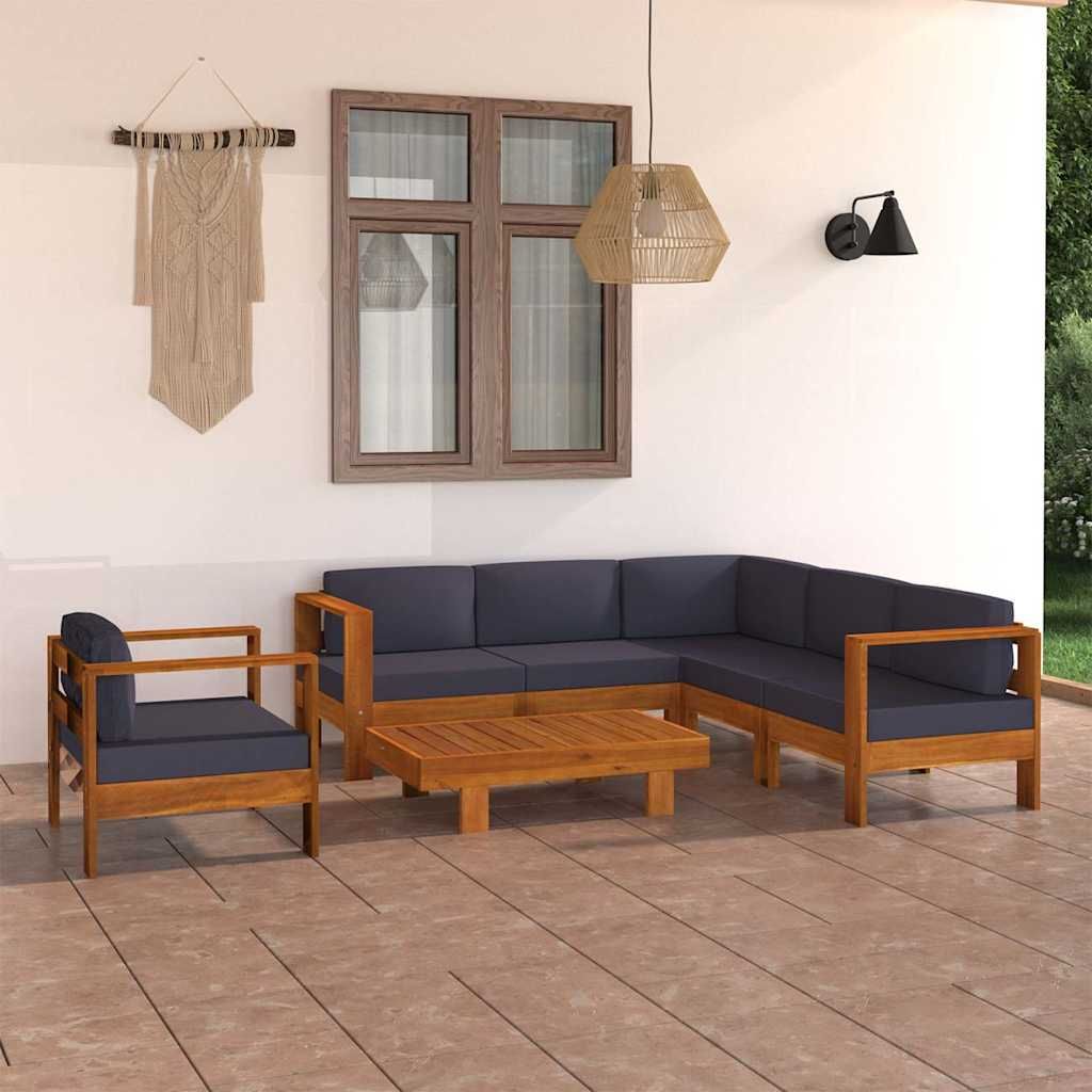Set Divani Giardino 7 Posti Cuscini Grigi Scuro Massello Acacia vidaXL