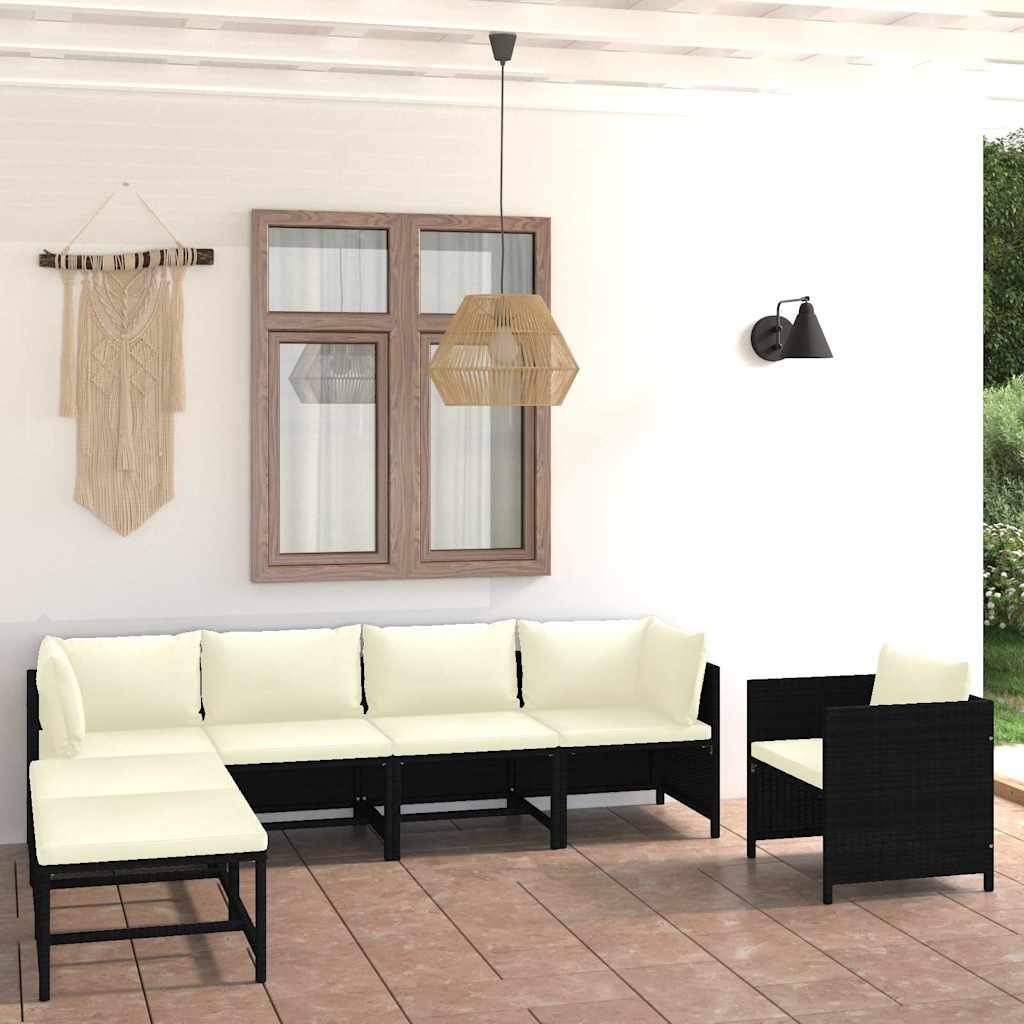 Set Divani da Giardino 7 pz con Cuscini in Polyrattan Nero vidaXL