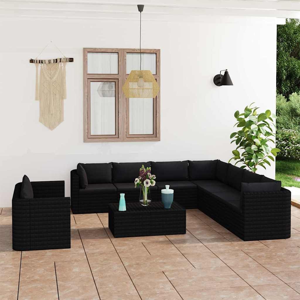 Set Divani da Giardino 11 pz con Cuscini in Polyrattan Nero vidaXL