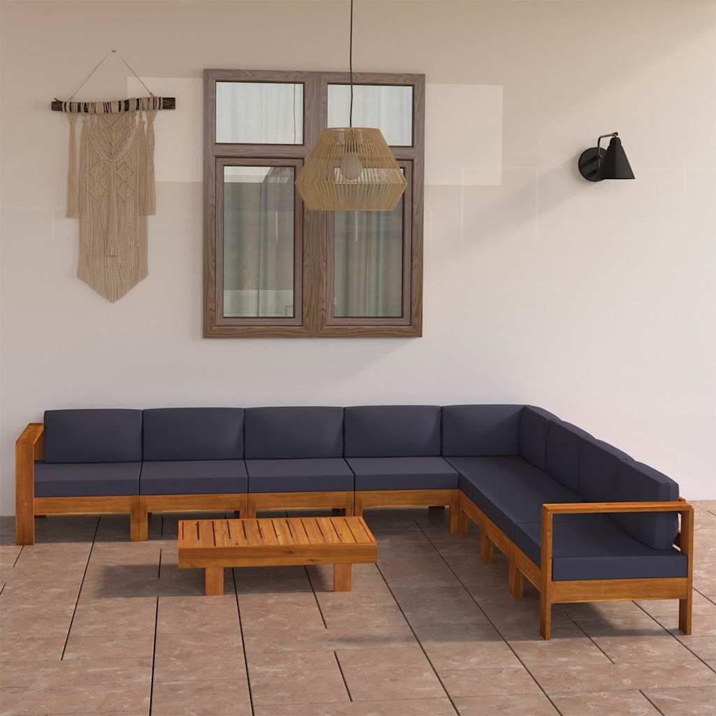 Set Divani Giardino 9 Posti Cuscini Grigi Scuro Massello Acacia vidaXL