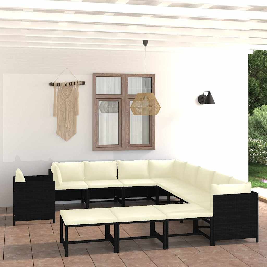 Set Divani da Giardino 12 pz con Cuscini in Polyrattan Nero vidaXL