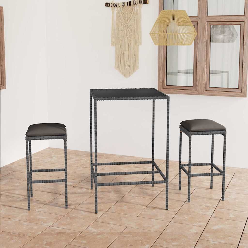Set da Bar da Giardino 3 pz con Cuscini in Polyrattan Grigio vidaXL