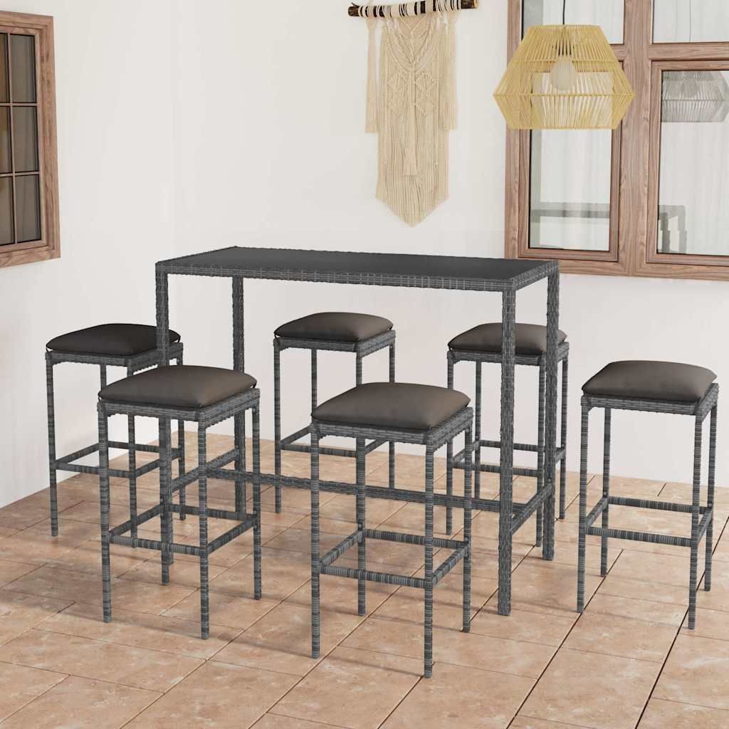 Set da Bar da Giardino 7 pz con Cuscini in Polyrattan Grigio vidaXL