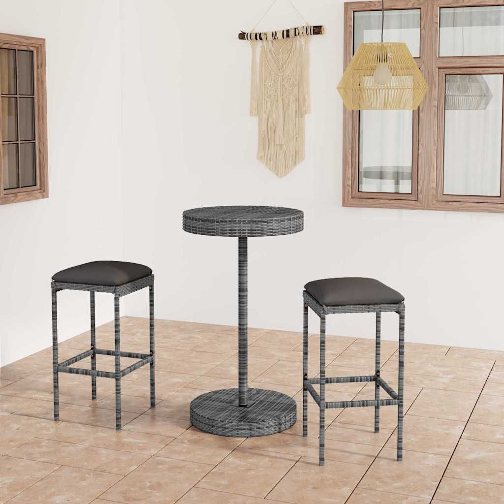 Set Bar da Giardino 3 pz con Cuscini in Polyrattan Grigio vidaXL