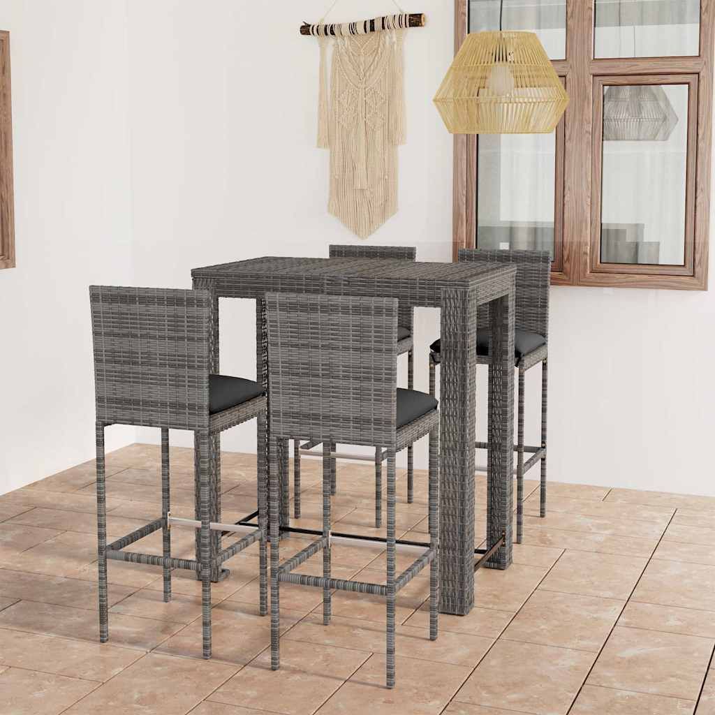 Set Bar da Giardino 5 pz con Cuscini in Polyrattan Grigio vidaXL