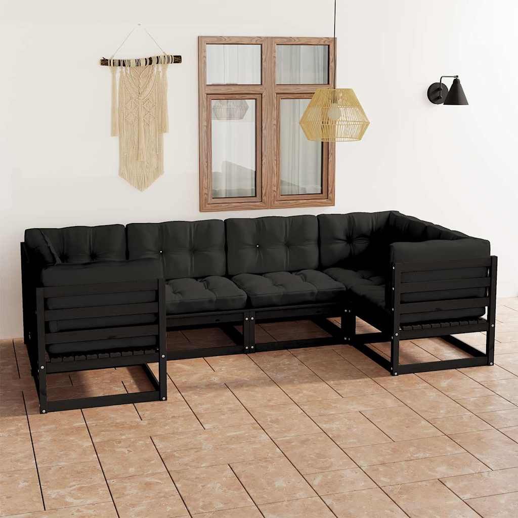 Set Divani da Giardino 6 pz con Cuscini Massello di Pino Nero vidaXL