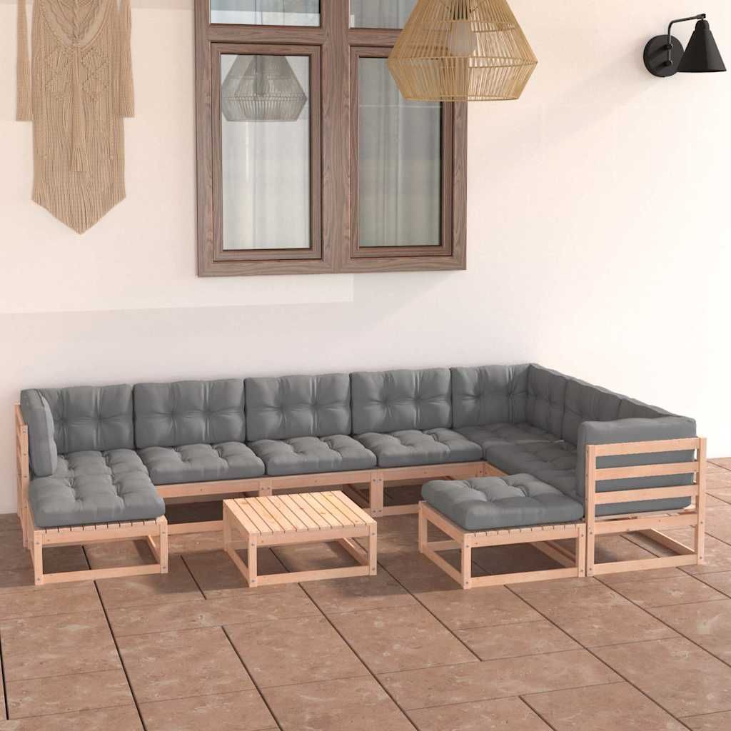 Set Salotto Giardino 10pz Cuscini Antracite Legno Massello Pino vidaXL