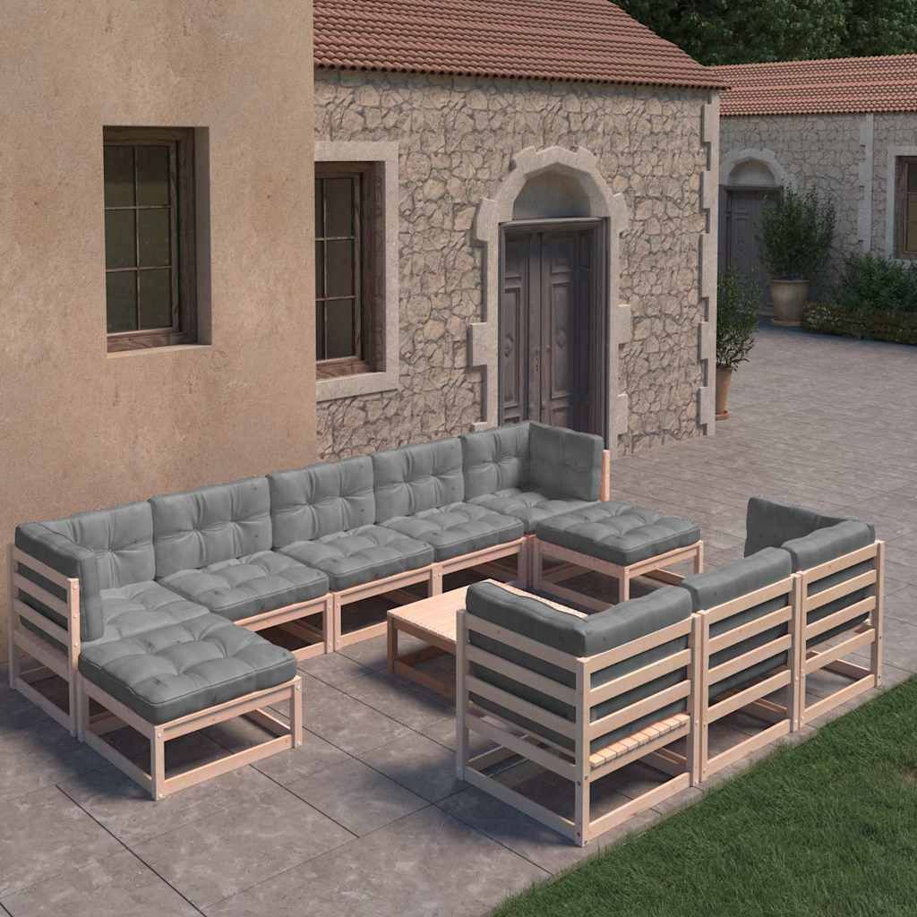 Set Divani Giardino 11 pz con Cuscini in Legno Massello di Pino vidaXL
