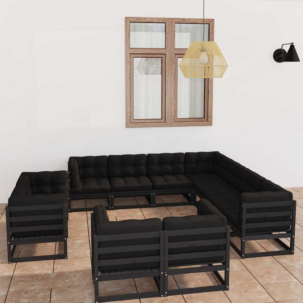 Set Divani da Giardino 11 pz con Cuscini Massello di Pino Nero vidaXL