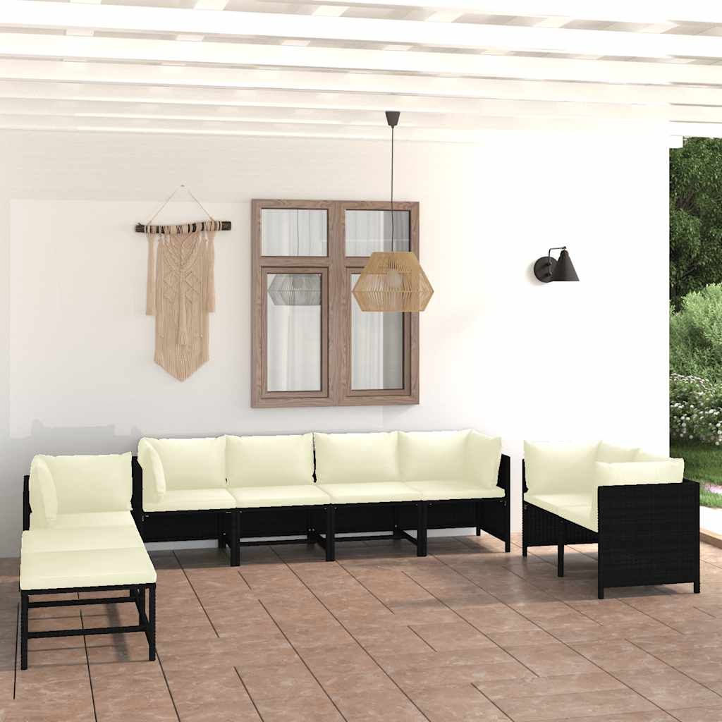 Set Divani da Giardino 10 pz con Cuscini in Polyrattan Nero vidaXL