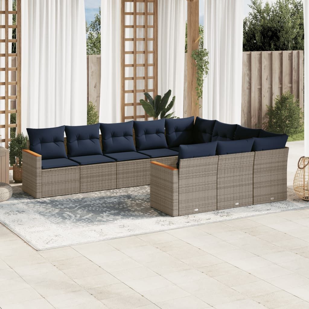 Set Divani da Giardino 10 pz con Cuscini Grigio in Polyrattan vidaXL