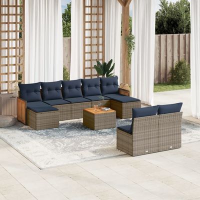 Set Divani da Giardino 10 pz con Cuscini Grigio in Polyrattan vidaXL