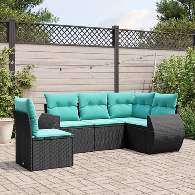Set Divani da Giardino 5 pz con Cuscini Nero in Polyrattan vidaXL