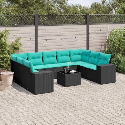 Set Divani da Giardino 10 pz con Cuscini Nero in Polyrattan vidaXL