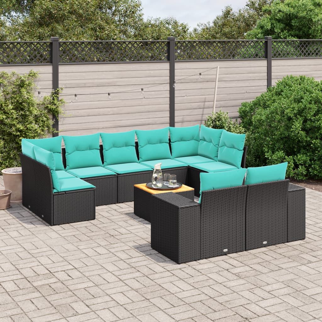 Set Divani da Giardino 10 pz con Cuscini Nero in Polyrattan vidaXL