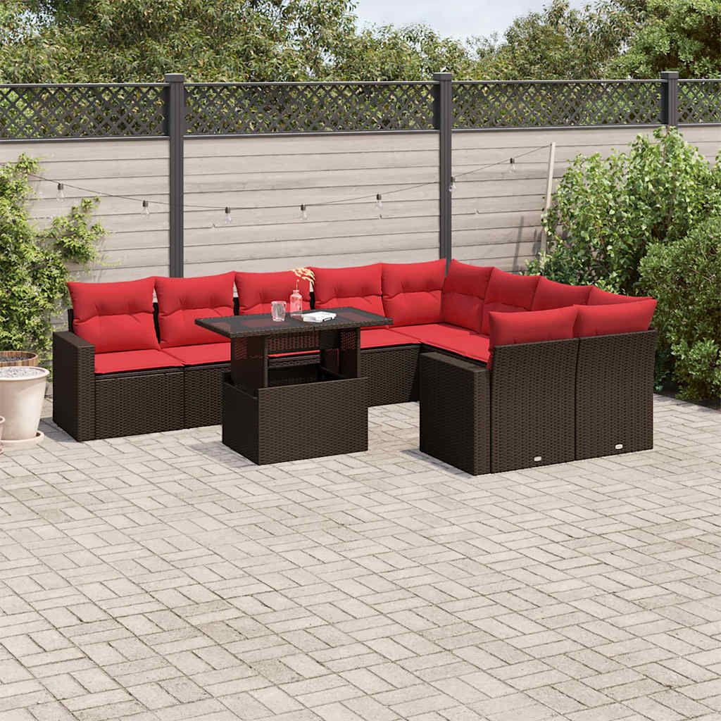 Set Divani da Giardino 10 pz con Cuscini Marrone in Polyrattan vidaXL