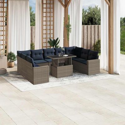 Set Divani da Giardino 10 pz con Cuscini Grigio in Polyrattan vidaXL