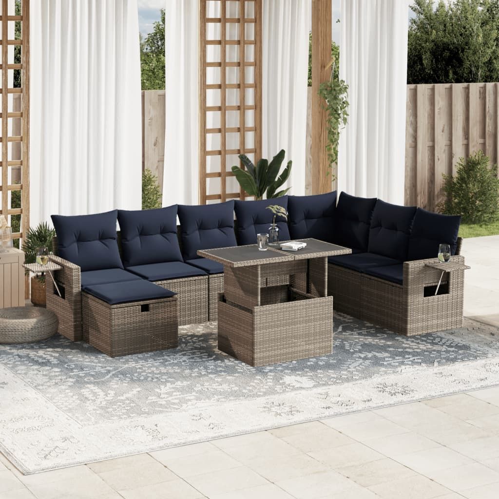 Set Divani da Giardino 9 pz con Cuscini Grigio in Polyrattan vidaXL