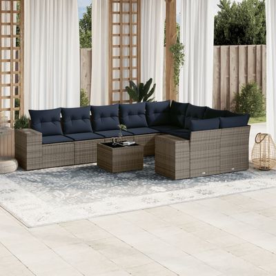 Set Divani da Giardino 10 pz con Cuscini Grigio in Polyrattan vidaXL