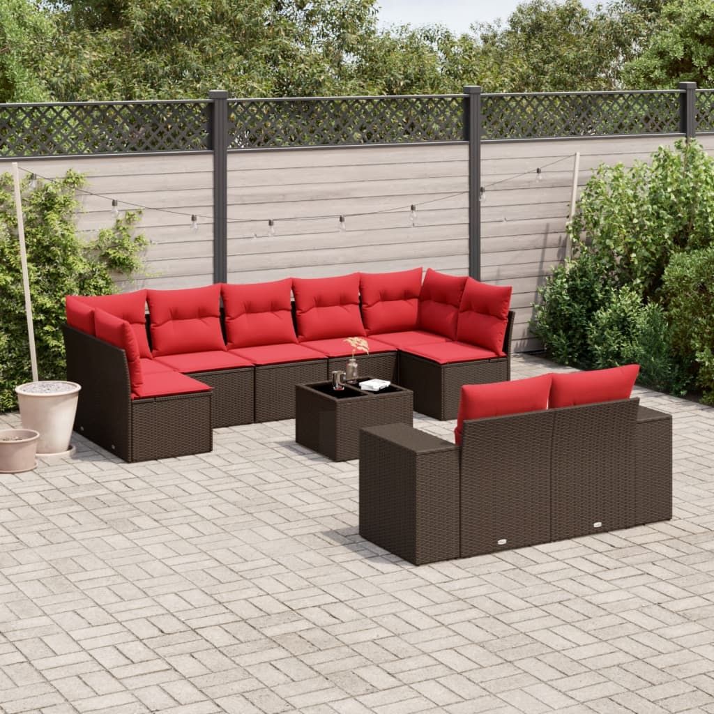 Set Divani da Giardino 10 pz con Cuscini Marrone in Polyrattan vidaXL