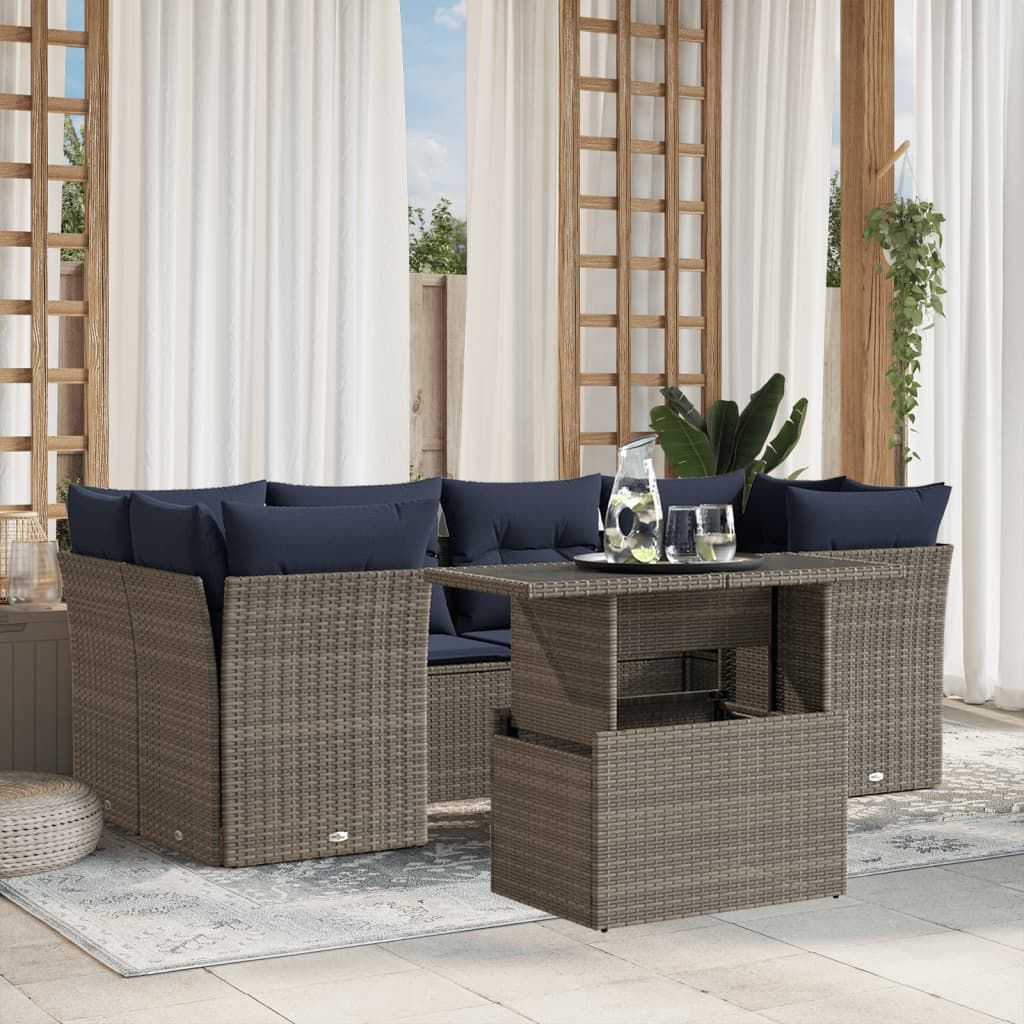 Set Divani da Giardino 7 pz con Cuscini Grigio in Polyrattan vidaXL