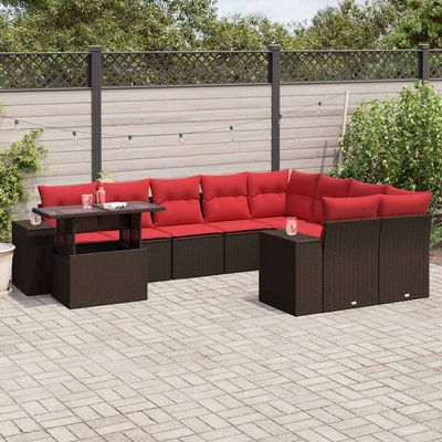 Set Divani da Giardino 10 pz con Cuscini Marrone in Polyrattan vidaXL