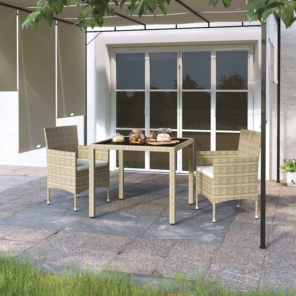 Set Pranzo da Giardino 3 pz Polyrattan e Vetro Temperato Beige vidaXL