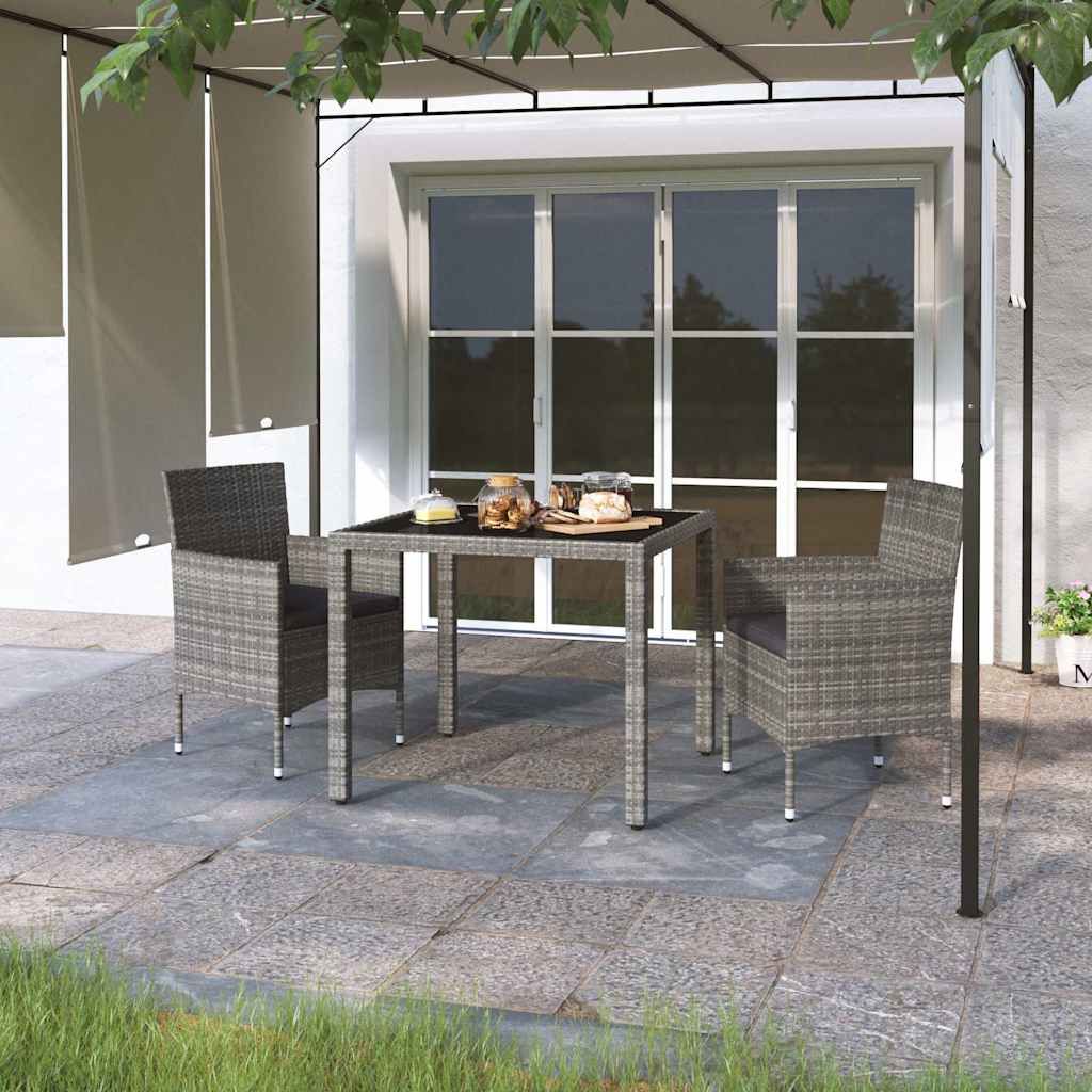 Set Pranzo da Giardino 3 pz Polyrattan e Vetro Temperato Grigio vidaXL