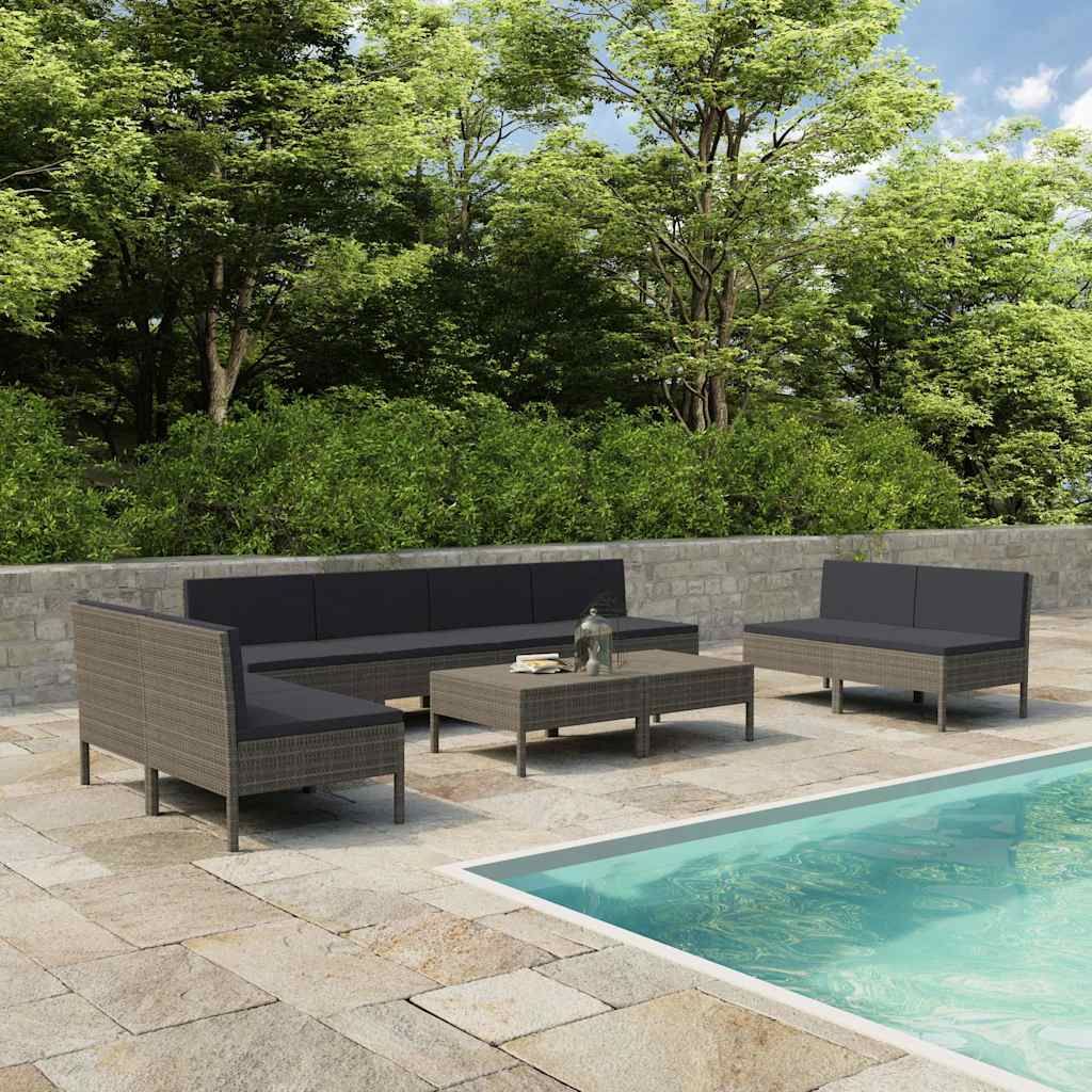 Set Divani da Giardino 10 pz con Cuscini in Polyrattan Grigio vidaXL