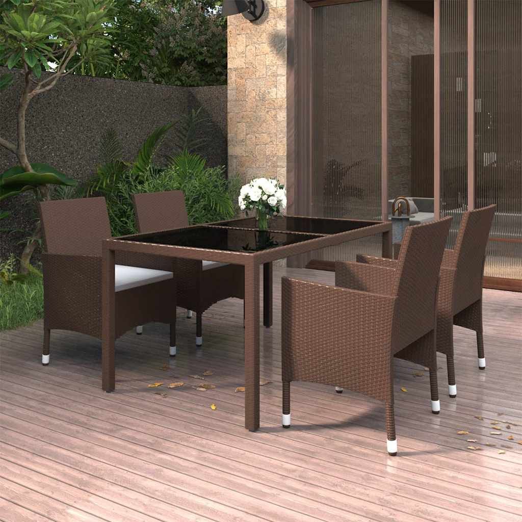 Set da Pranzo Giardino 5 pz Polyrattan Vetro Temperato Marrone vidaXL