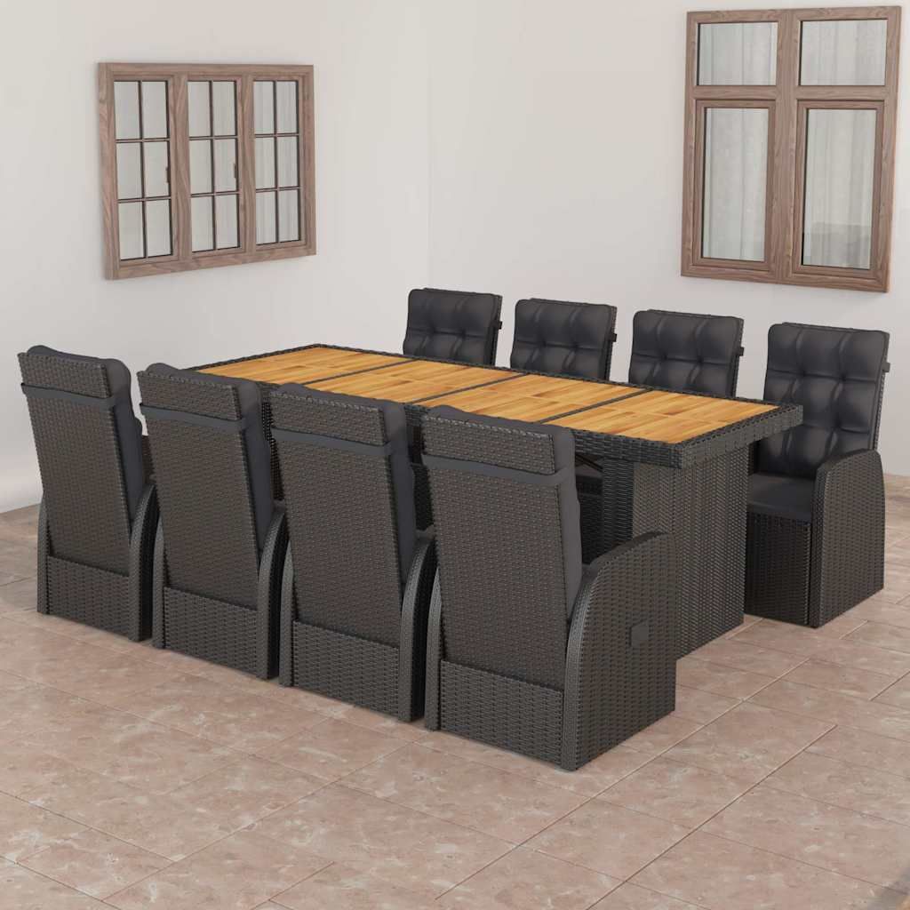 Set da Pranzo da Giardino 9 pz con Cuscini in Polyrattan Nero vidaXL