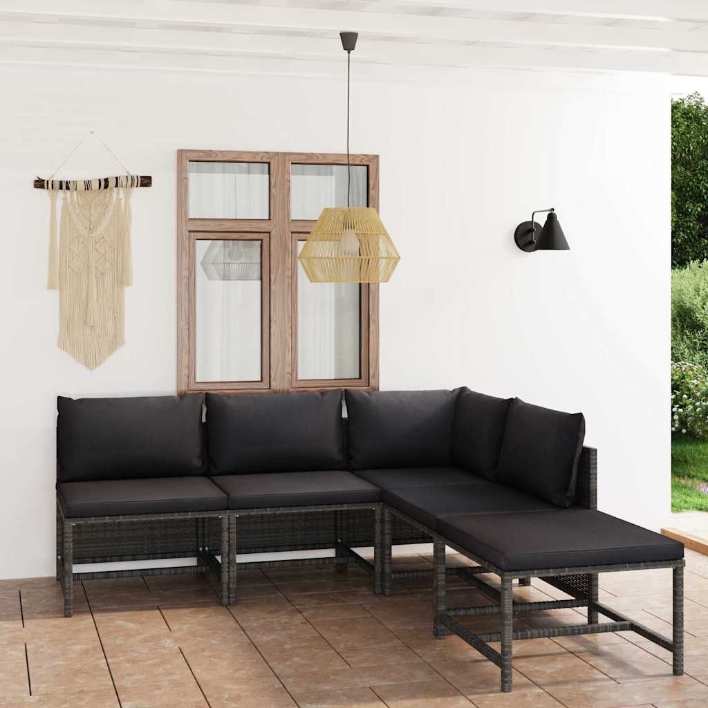 Set Divani da Giardino 5 pz con Cuscini in Polyrattan Grigio vidaXL